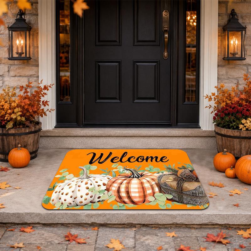 1pc Plaid Pumpkin Welcome Door Mat, Autumn Harvest Collection, Fleece Material, Thick Plush Surface - Sponge Thickness 1.02 cm, Indoor And Outdoor Non