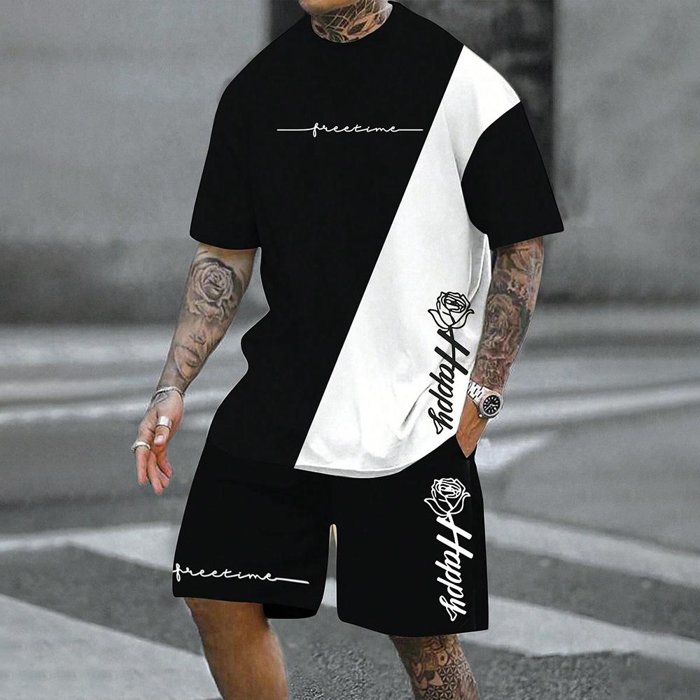 Мужская летняя повседневная футболка с круглым вырезом, коротким рукавом, принтом в виде 3D-букв и цветов, комплект шорт на шнурке, спортивная одежда