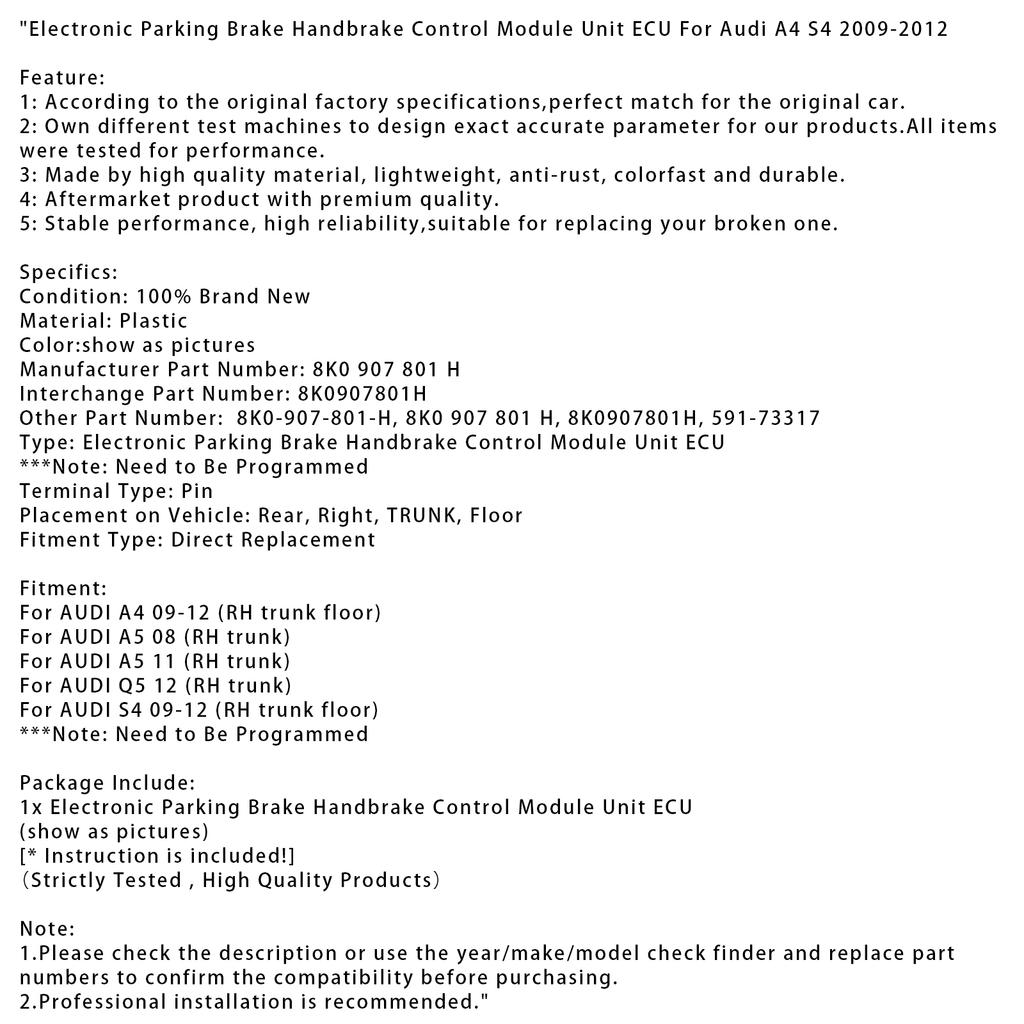 Электронный стояночный тормоз Ручной тормоз Блок управления Модуль ЭБУ 8K0907801H Для A4 S4 09-12