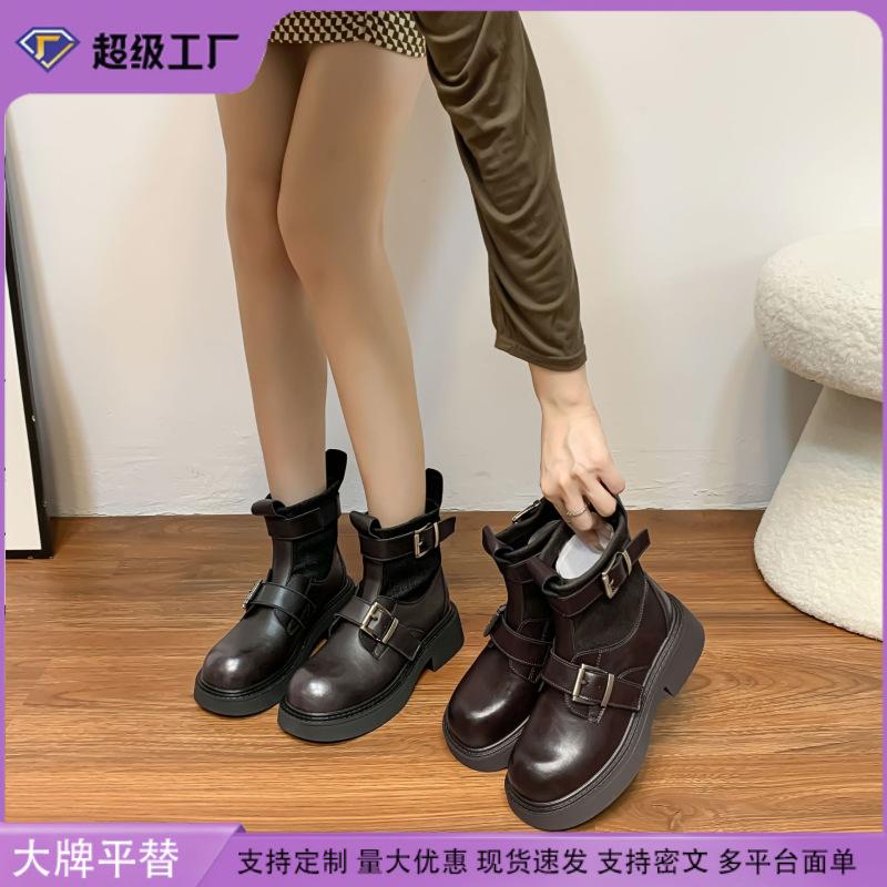 British Style Retro Martin Boots Belt Buckle Korean Version of Short Boots Internet Celebrity Tide Thick Sole Heightening Boots Niche Fashion Boots