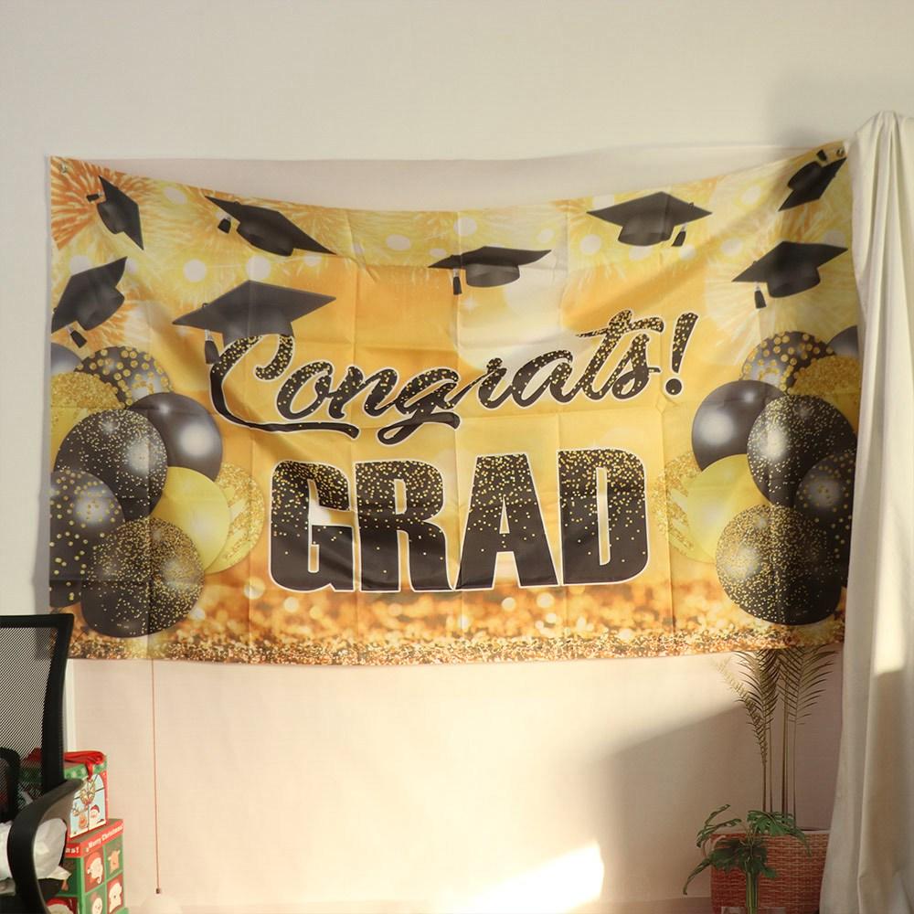 Congrats Grad Graduation Photography Backdrop Bachelor Hat Black Gold Glitter Happy Graduation Banner Celebrate Polyester
