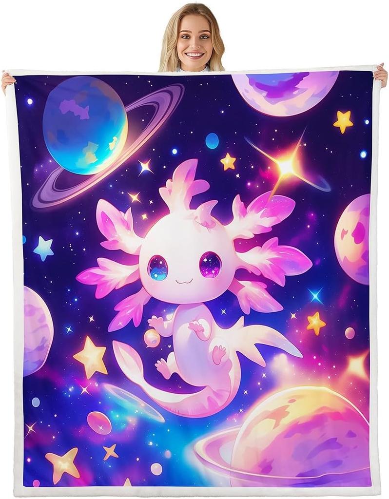 Cute Pink Axolotl Blanket Soft Fleece Throw Cherry Blossom Design Fantasy Art Kids Room Decor