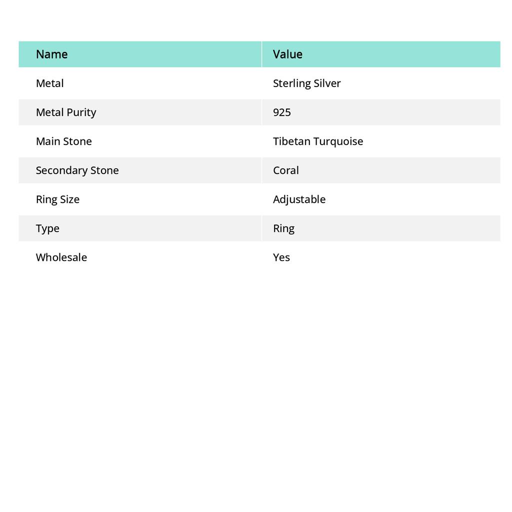 Кольцо из натурального тибетского бирюзового, кораллового серебра 925 пробы, размер регулируется H3d09