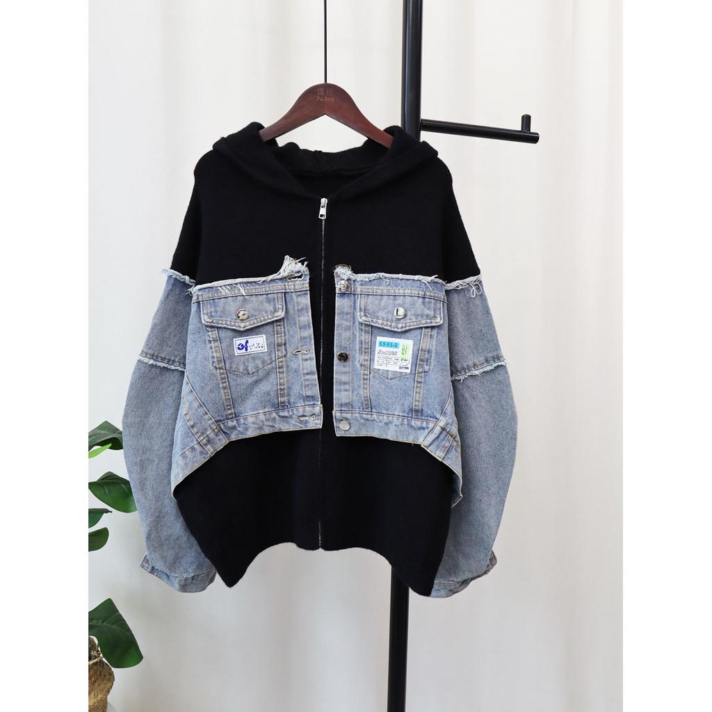 FiveFive Denim Patchwork Cardigan Coat Women Long Sleeve Hooded Loose Letter Patch Sweater Jacket Autumn Winter