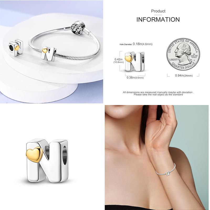Новый 26 AZ Алфавит Бусина S925 Стерлингового Серебра Сердце ЛЮБОВЬ Письмо Шарм Подходит Оригинальный Браслет CZ Циркон Бисер Ювелирные Изделия