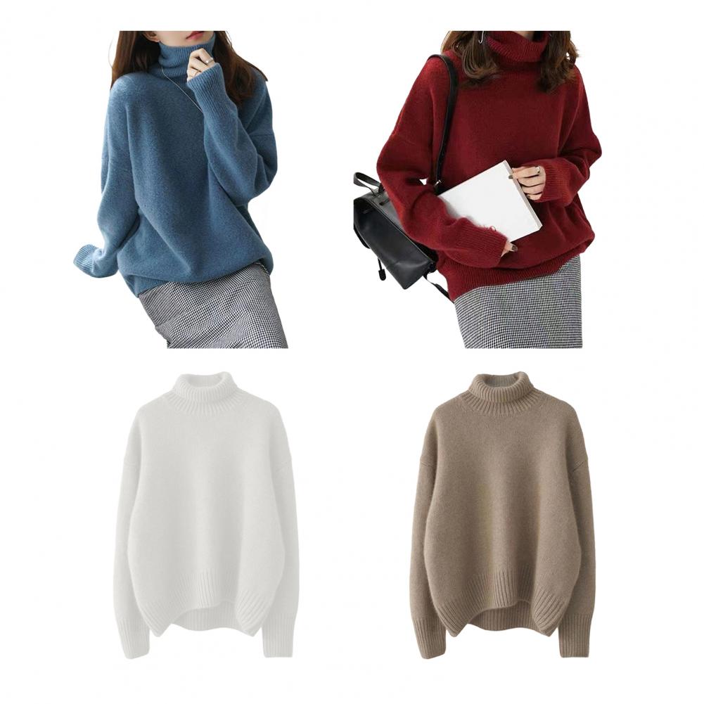 Women Sweater High Collar Long Sleeve Solid Color Knitting Tops Loose Fit Thickened Pullover Sweater Knitwear