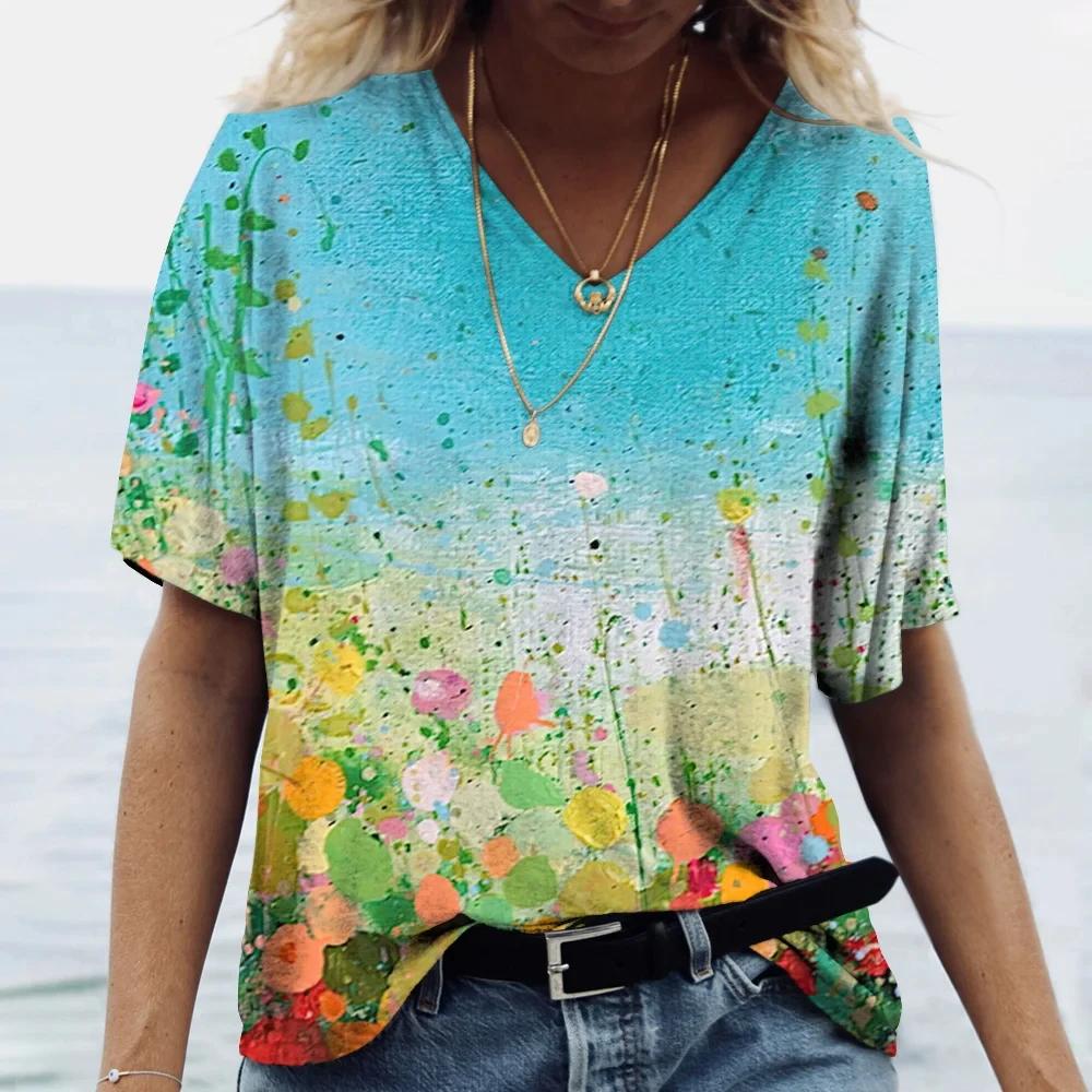 Colorful Floral T-shirt For Women Fashionable V-Neck Tops Tees Female Casual Stylish Short Sleeve Clothing Ladies Vintage Outfit