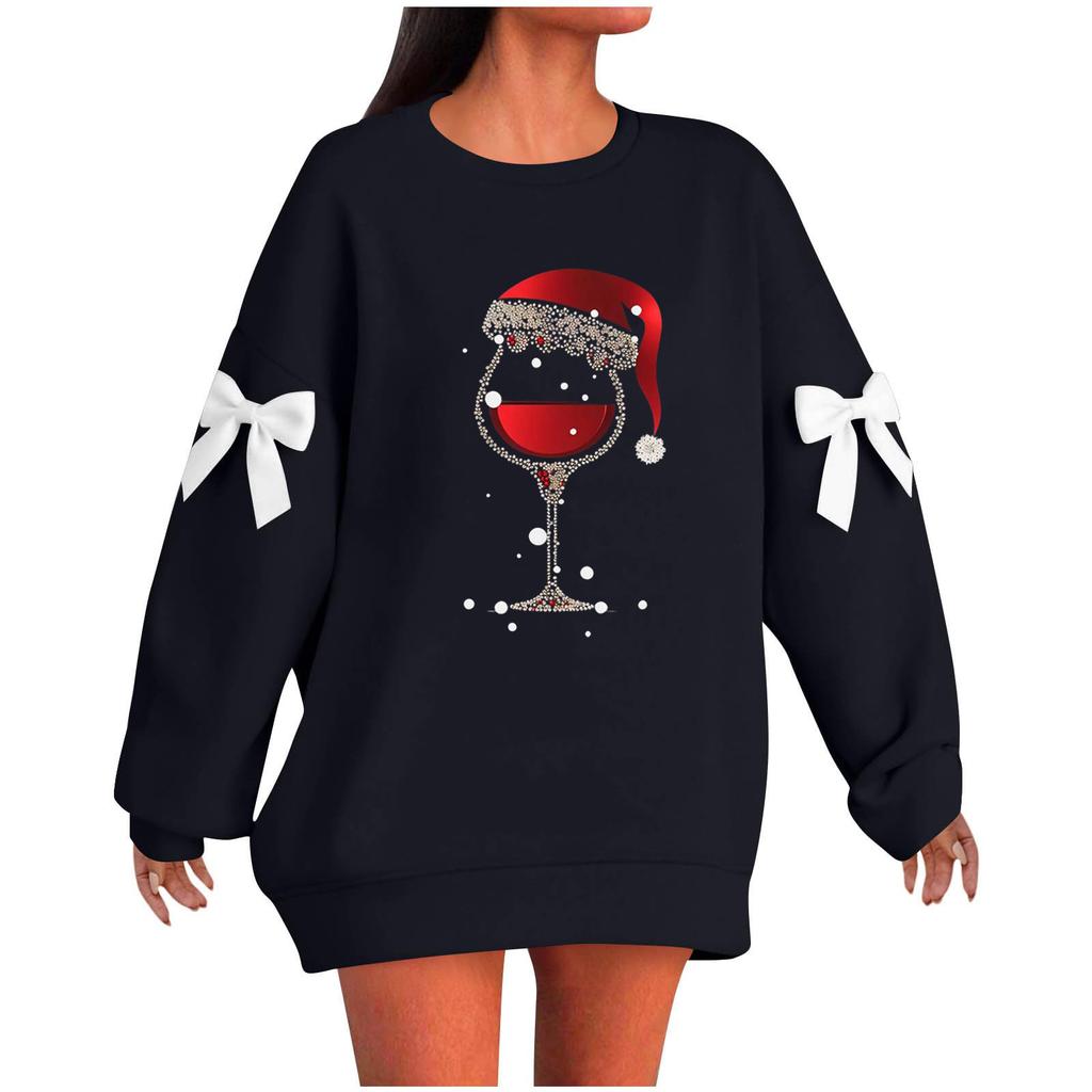 Ladies' Christmas Printed Bow Round Neck Long Sleeved Loose Pullover Sweater Sweatshirt Top