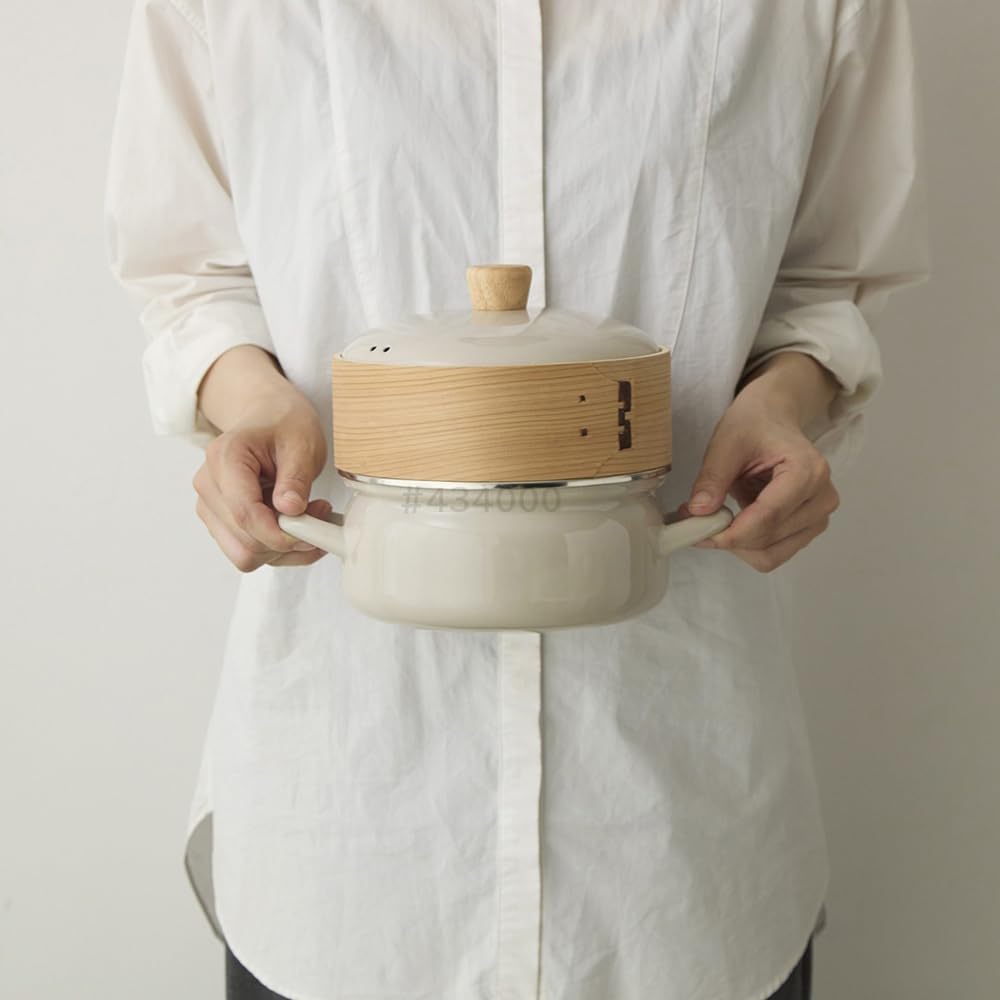 Fuji Enamel Pot, 18cm, with Steamer, Greige, AMZ-SER18.GG