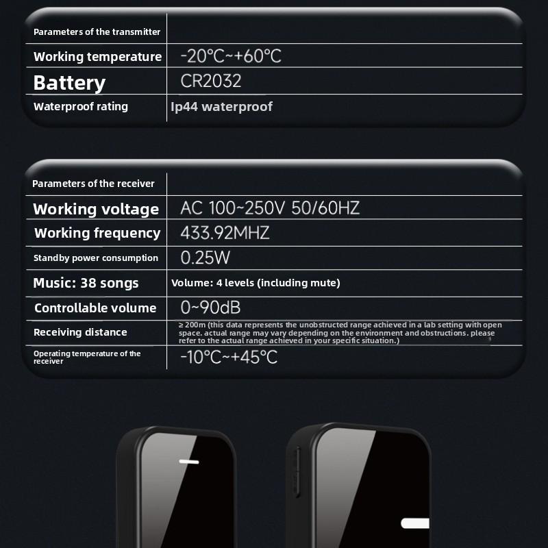 Черное зеркало Батарейный беспроводной дверной звонок Бытовой цифровой пульт дистанционного управления Музыкальный дверной звонок Дальнего действия Бипер для пожилых