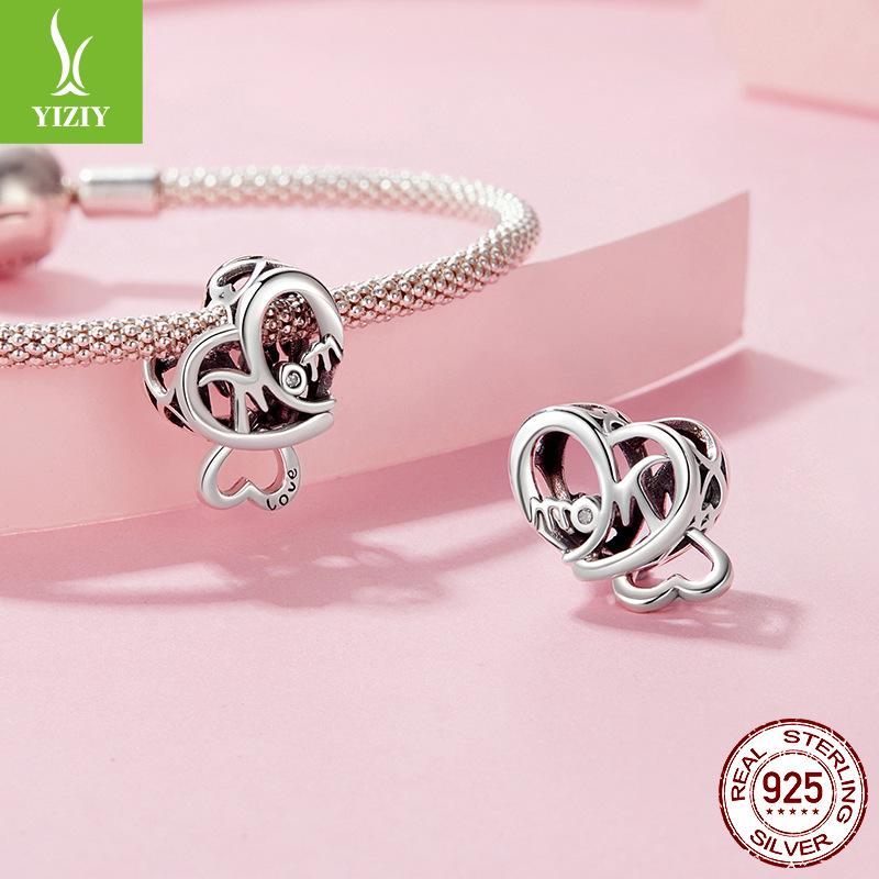 Mother'S Day Double Heart Beaded Mom Cross-Border 925 Silver Love-Shaped String Beads Diy Bracelet Accessories