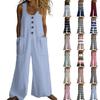 Women's Fashionable And Casual Button-down Sleeveless Jumpsuit With Striped And Checkered Printed Cotton Pocket Jumpsuit