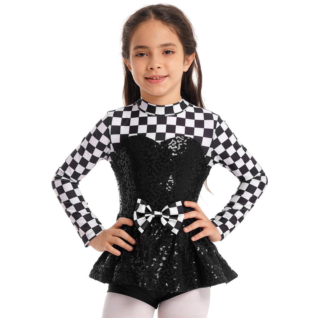 Kids Girls Racer Costume Long Sleeve Sequin Bowknot Keyhole Back Bodysuit for Halloween Cosplay Dress Up Performance