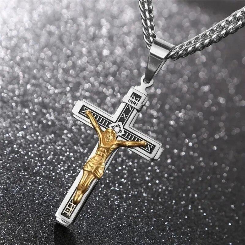 Personality Jesus Cross Necklace for Men Charm Stainless Steel Jesus Prayer Male Christian Collar Lucky Accessories