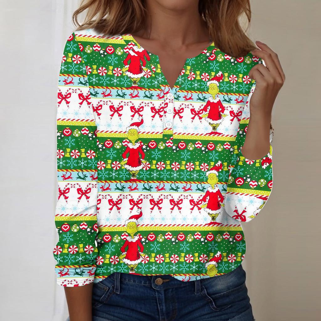 Women's Fashion Casual V-Neck Long Sleeve Decorative Button Christmas Print Top