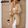Long Knit Cardigan Women's Autumn and Winter Knit Loose Patchwork Pocket V-neck Sweater Coat