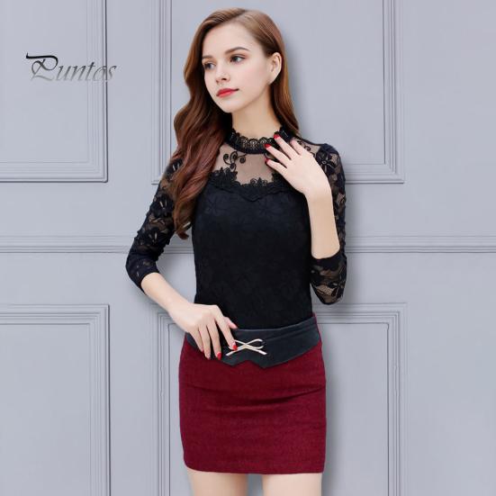 Women Bottoming Tops Stand Collar Long Sleeve Embroidery Lace Floral Pattern Pullover Tops Solid Color Slim Fit Mesh Yarn Tops