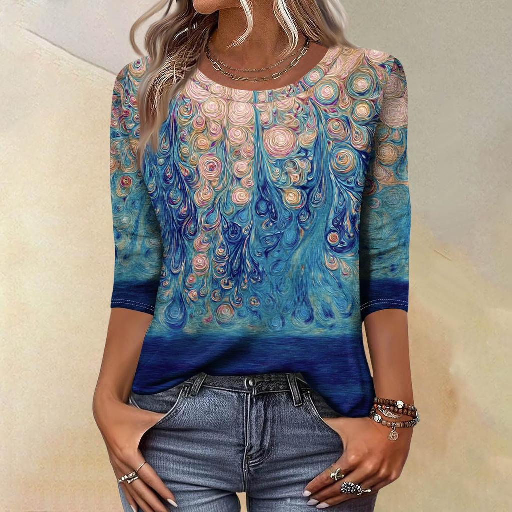 Trendy Vintage 3/4 Sleeve Top For Women,Ladies Casual Three Quarter Sleeve Round Collar Printed T-Shirt Blouse
