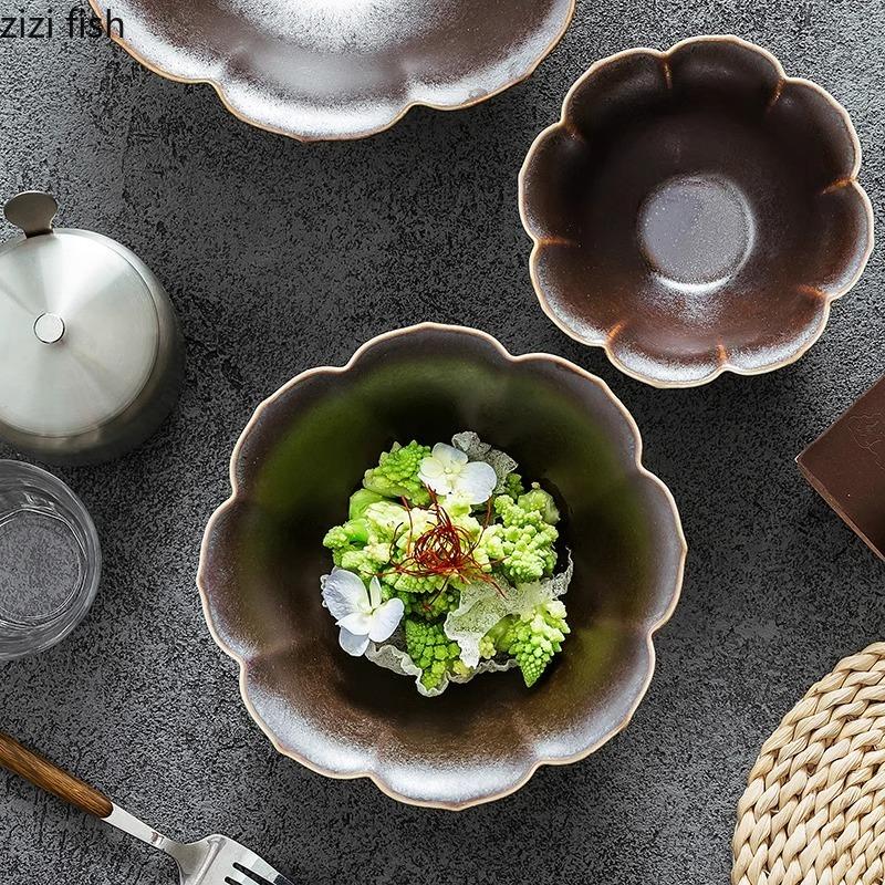Ceramic Gold Border Flower Shaped Bowl Retro Salad Bowl Dessert Bowl Thick Soup Bowls Service Bowls Hotel Specialty Tableware