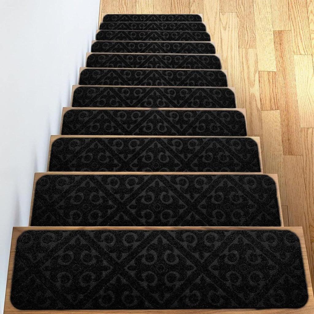 8''x30'' Vintage Luxury Floral Self-Sticking Stair Treads Mat Polyester Non-Slip TPR Backing Home Stain Resistant Anti-Slip