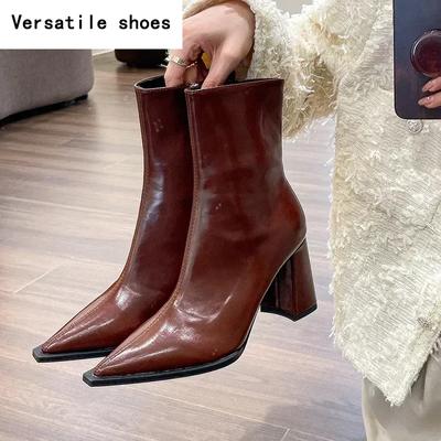 Зимние дизайнерские ботильоны с застежкой-молнией сзади, с острым носком, элегантные короткие плюшевые короткие сапоги на высоком каблуке, женская обувь