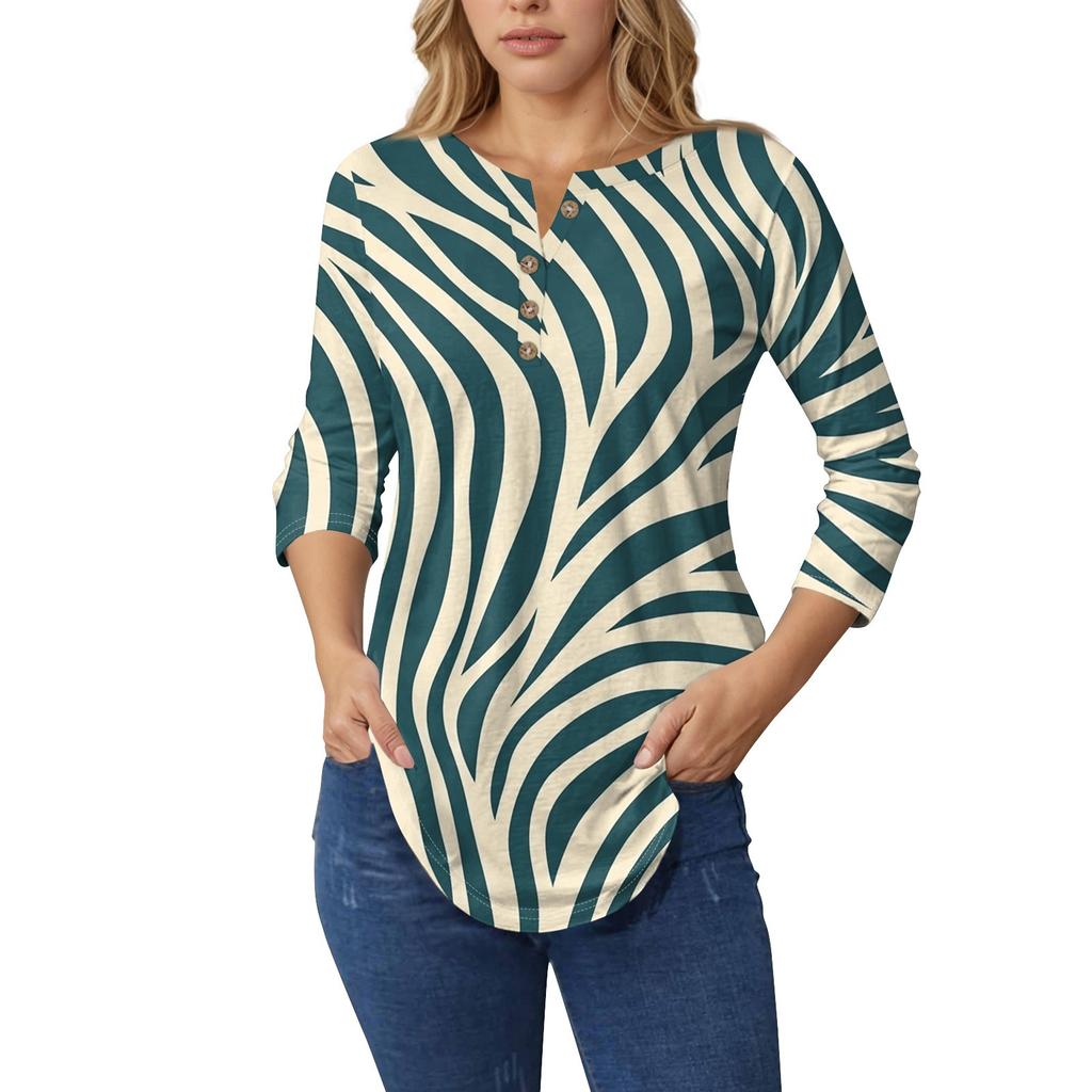 Женские топы с рукавами 3/4, летние футболки с цветочным принтом и V-образным вырезом, повседневные базовые футболки с пуговицами, туники