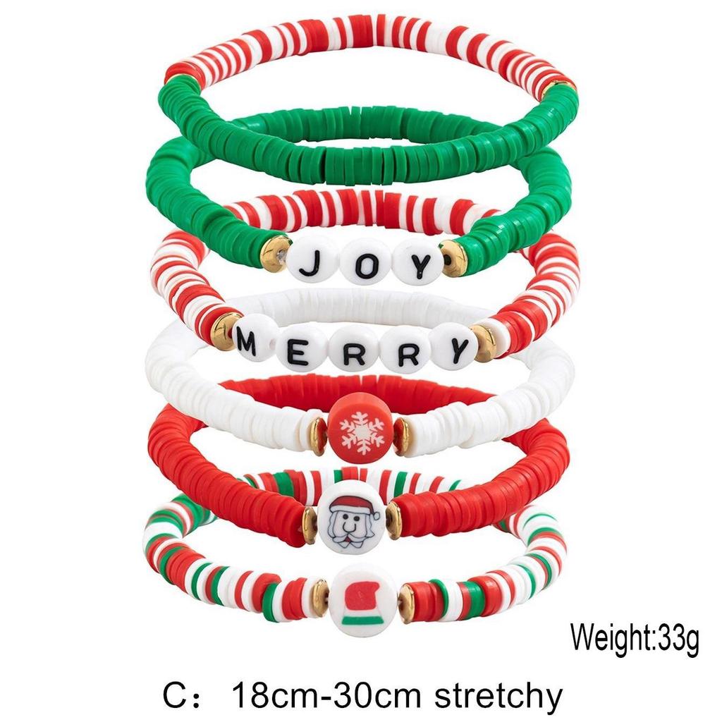 Colorful Polymer Clay Christmas Bracelet with Cartoon Snowman and English Letters for Women