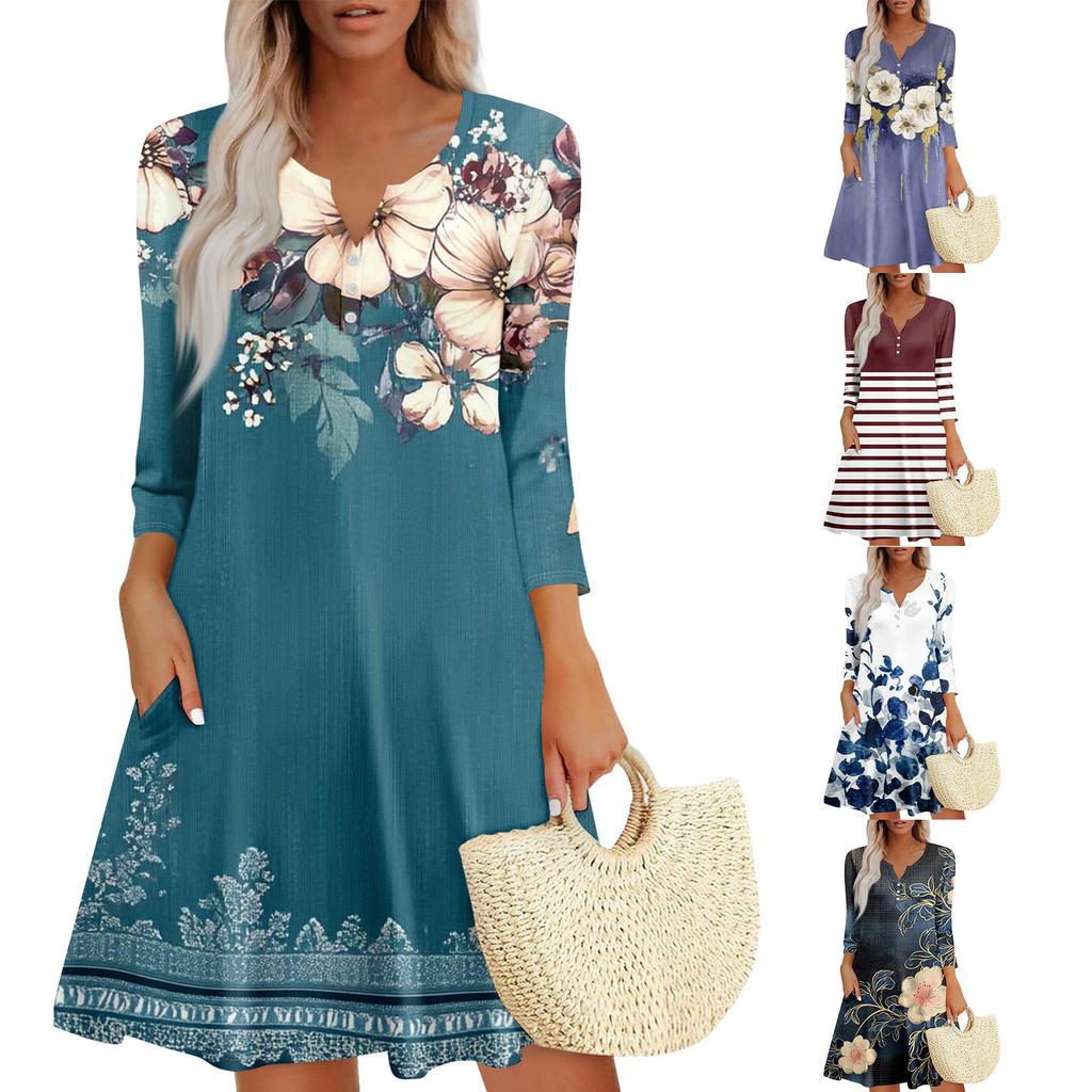 Women's Summer Dress Loose V Neck Three-quarter Sleeve Sundress With Pockets Dress