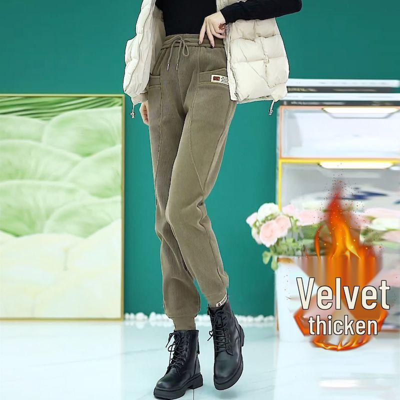 Женские европейские хлопковые велюровые утепленные спортивные штаны - Теплые брюки свободного кроя для осени/зимы 2024