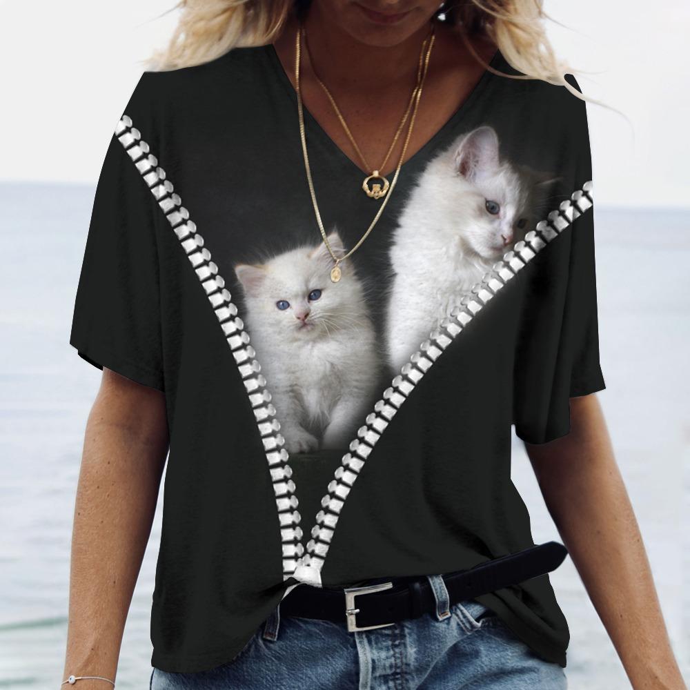 Футболка с 3D принтом кота, женские футболки большого размера с v-образным вырезом, топы, женские повседневные модные футболки с короткими рукавами, уличная одежда, женская одежда Y2k