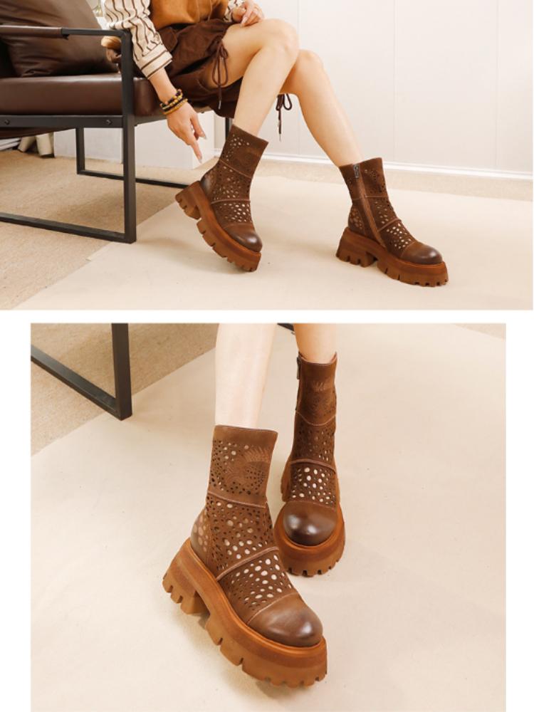 Johnature High End Retro Hollowed Out Short Boots Genuine Leather Versatile Breathable Women's Shoes