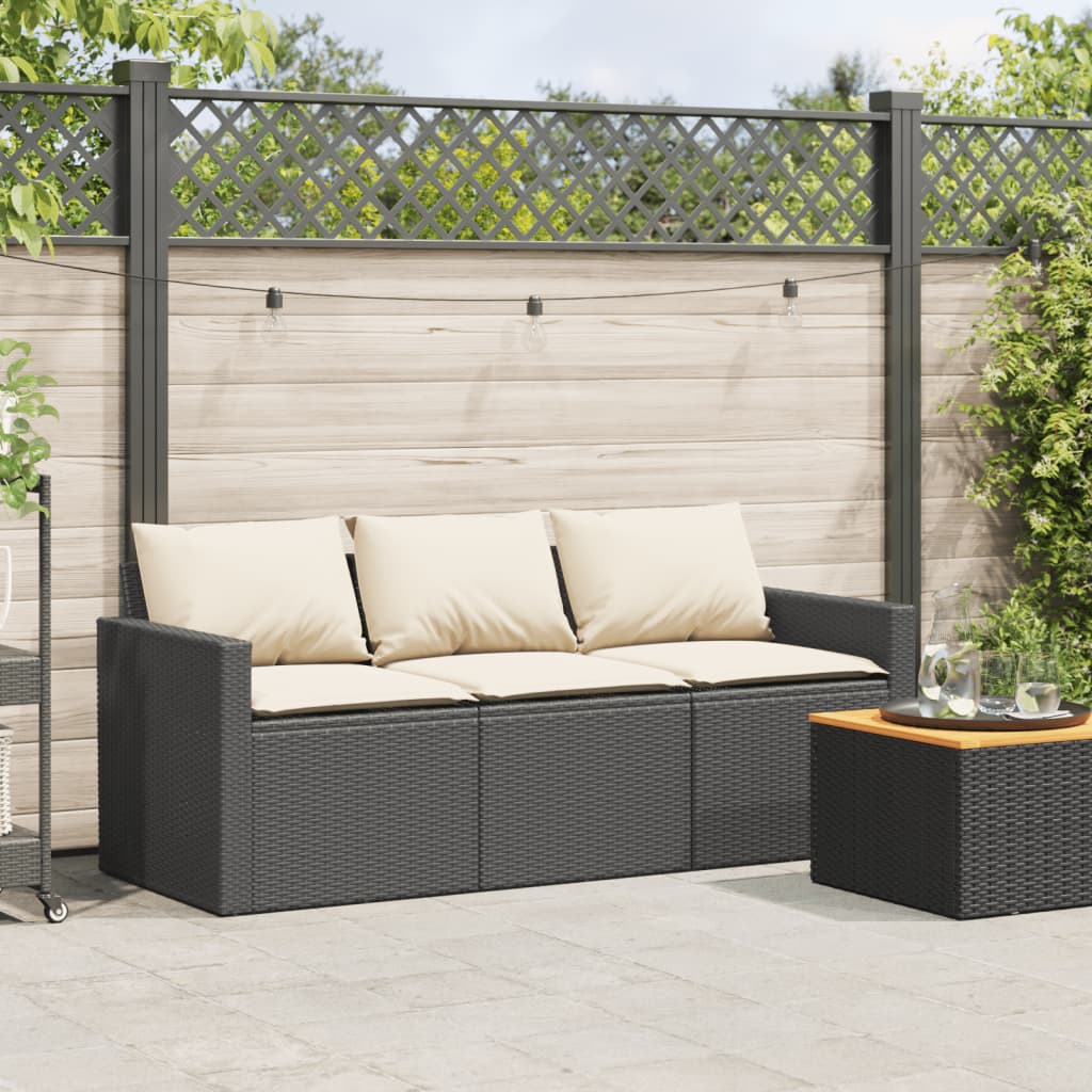 Garden Sofa with Cushions 3 Seater Black Poly Rattan