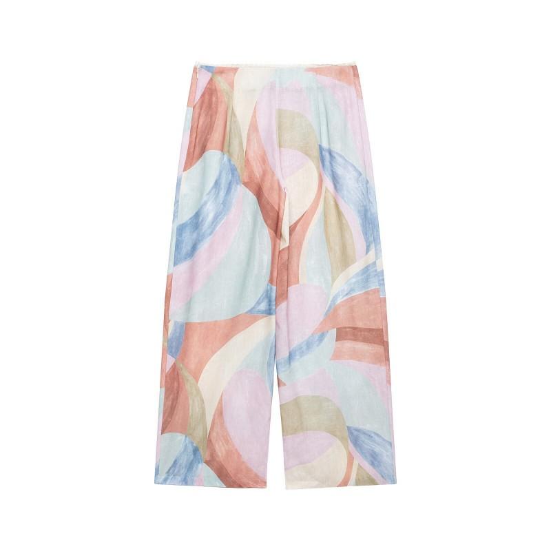 Womens Vintage Floral Print Wide Leg Pants Set With Ruched Bodice Bow Tie Strap Top