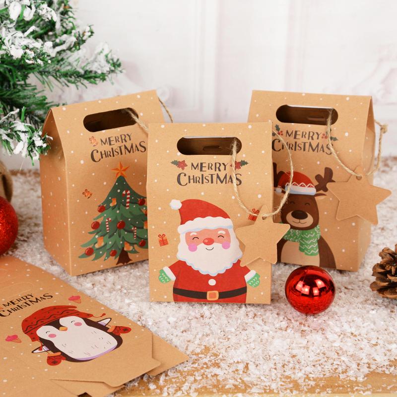 24Pcs Christmas Candy Gift Box with Tag Kraft Paper Cookie Snack Packing Bags 2024 Xmas Party Home Decoration New Year 2025