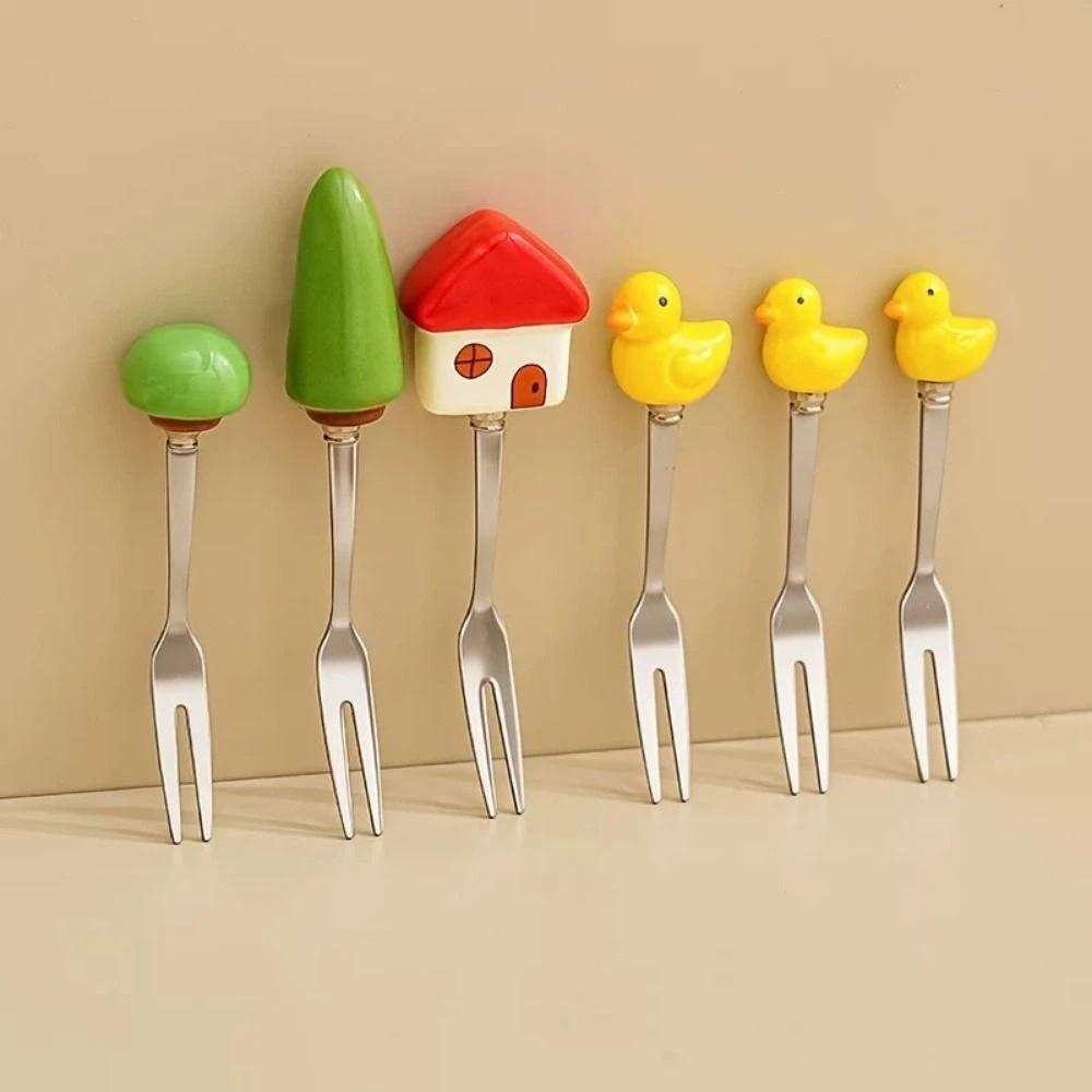 6Pcs Creative Stainless Steel Cake Fork Reusable Cute Fruit Forks  Coffee Stirring