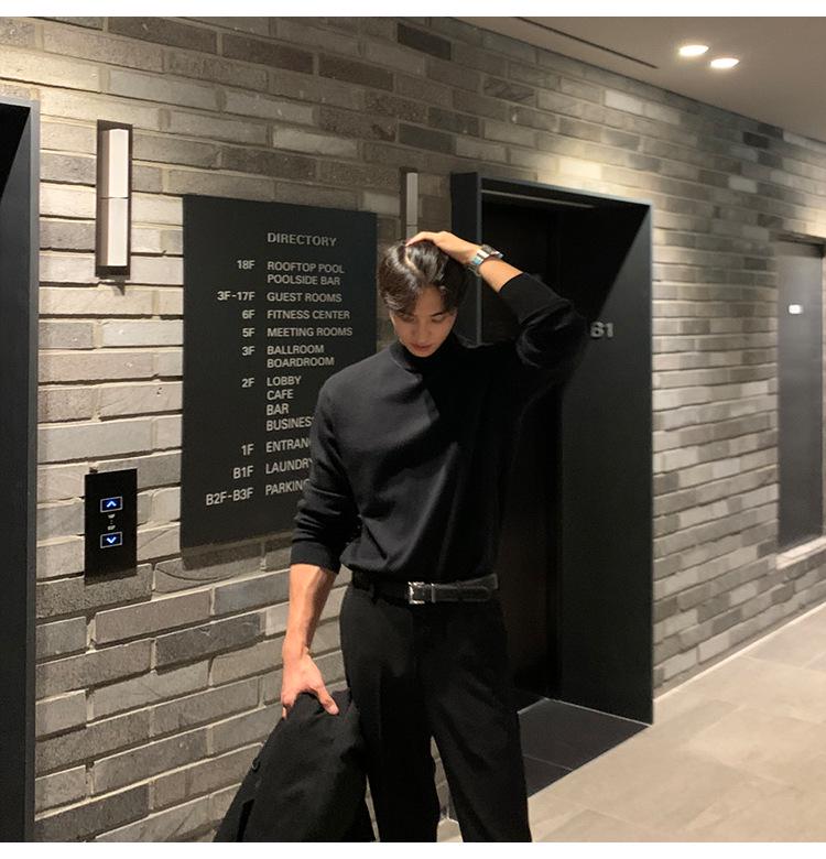 Мужской свободный свитер с высоким воротником Осень/Зима: Корейский стиль, Однотонный, Длинный рукав.