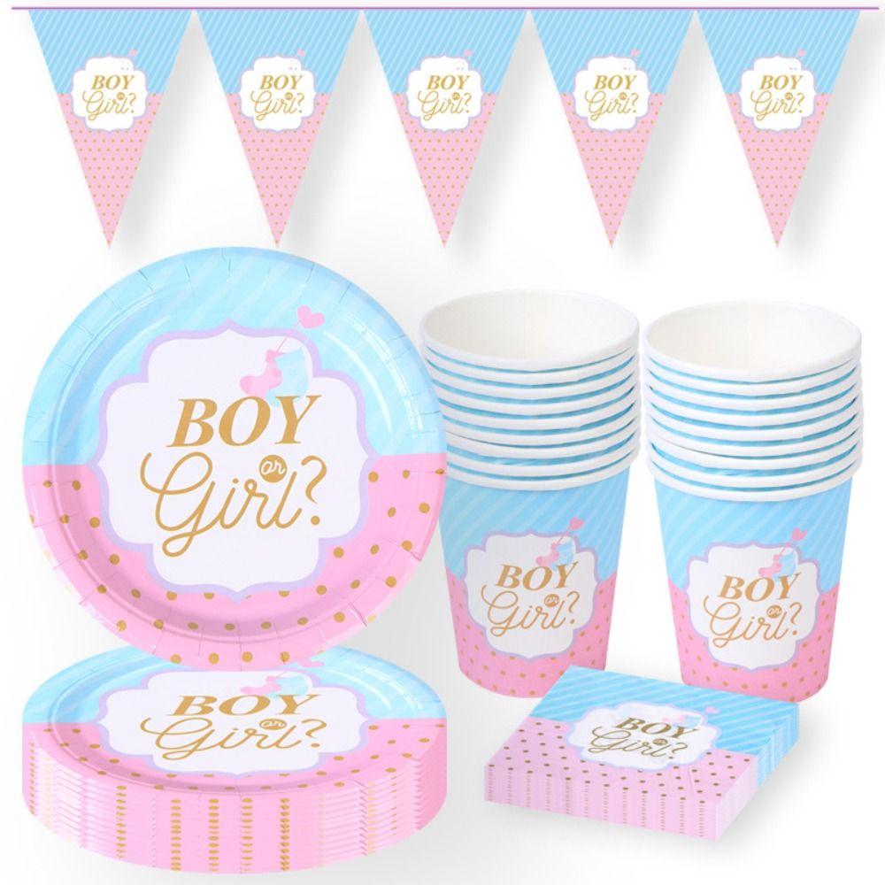 Decoration Banner Baby Shower Gender Reveal Paper Plates Party Tableware Paper Cups Cutlery Set