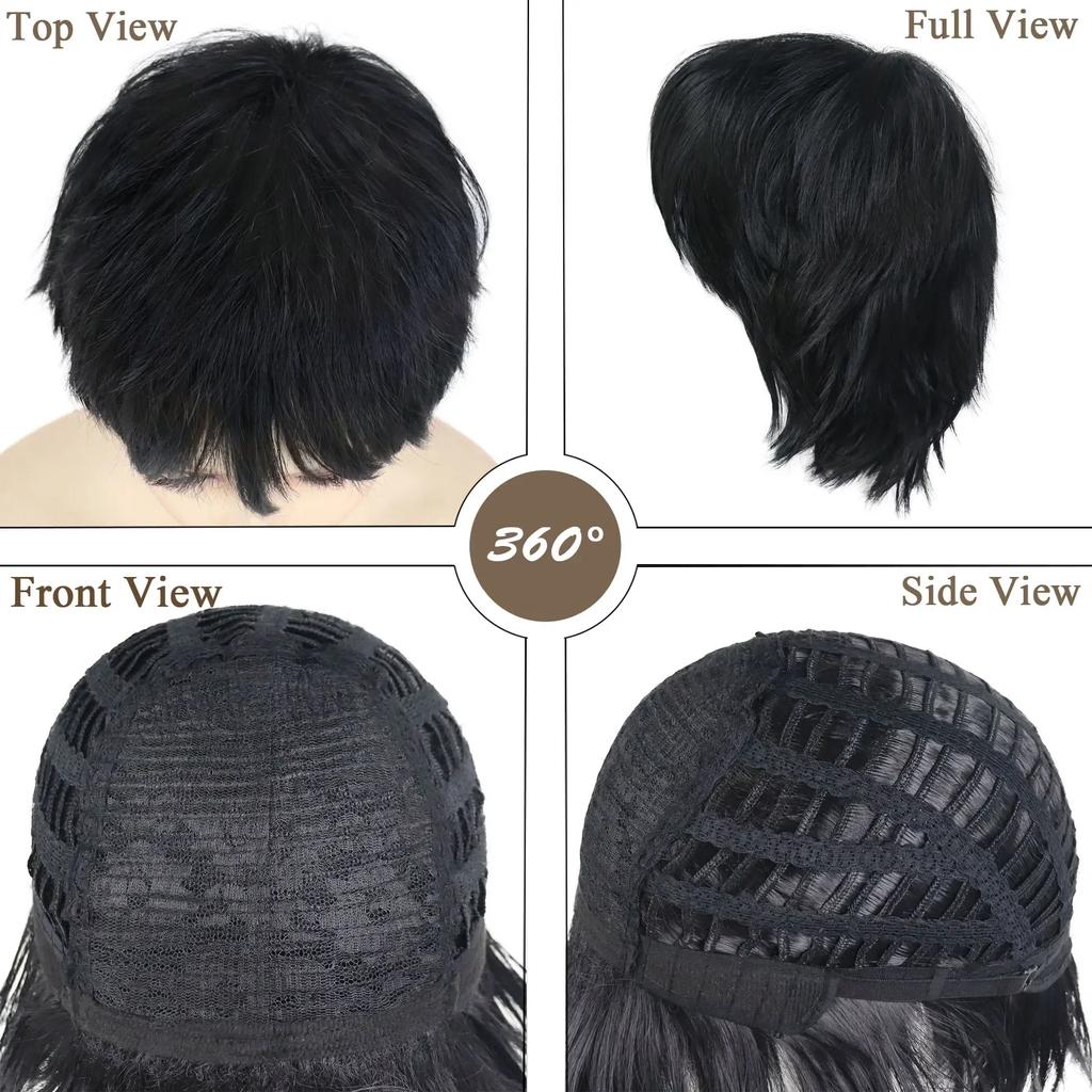 Короткие черные парики для женщин, синтетические волосы, парик для косплея с челкой, лохматые кудрявые прически, аниме, костюмная вечеринка, парик на Хэллоуин, натуральный