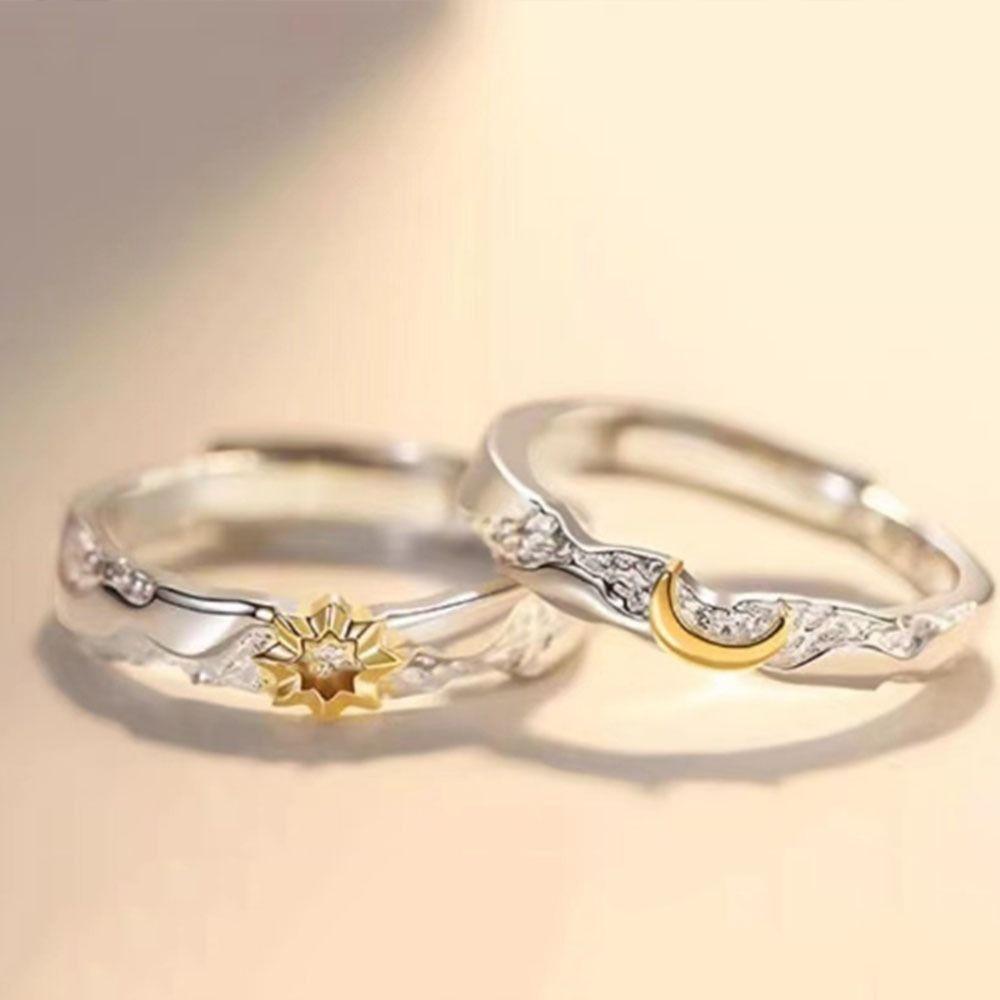 Sparkling Sun Moon Couple Finger Ring Stackable Matching Rings Adjustable Open Rings  Couple