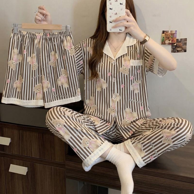 Womens Cloud Cotton Pajama Set Short Sleeve Bow Loose Loungewear 3pcs