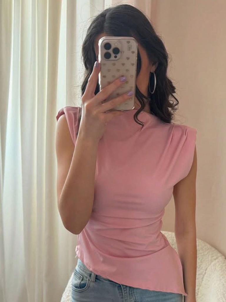 Women S Fashion Pleated Asymmetric Padded Shoulder Casual Top