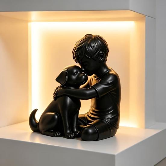 jijijing 3D Printed Puppy And Boy Statue, Dog & Owner Sculpture, Hugging Figurine Decor, Home Decoration Healing Ornament Gift