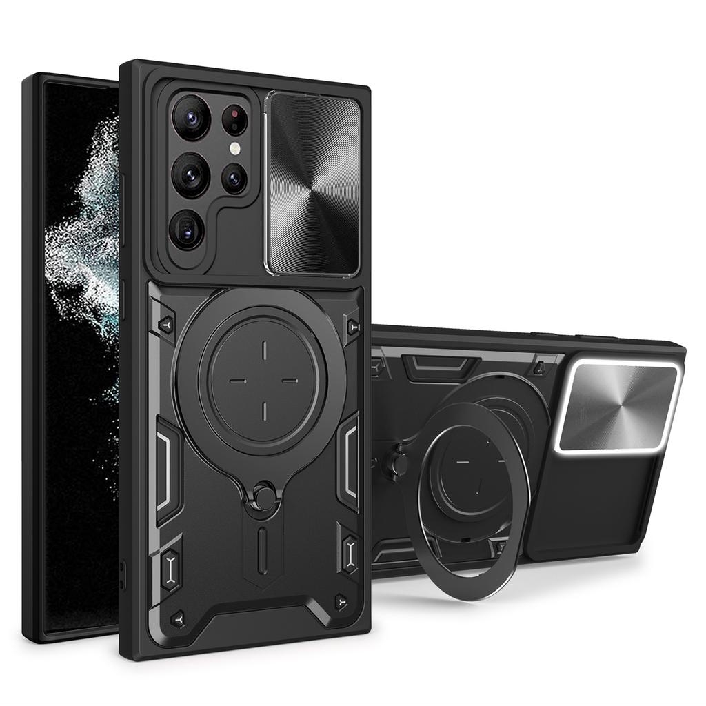 Для Samsung Galaxy S22 Ultra 5G Вращающаяся подставка Чехол для телефона Ударопрочная PC+TPU накладка со сдвижной крышкой камеры