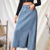 Summer Midi Skirt Button Zipper Fly Side Slit Design Denim Skirt with Pockets Retro Summer Denim Casual Skirt Daily Wear