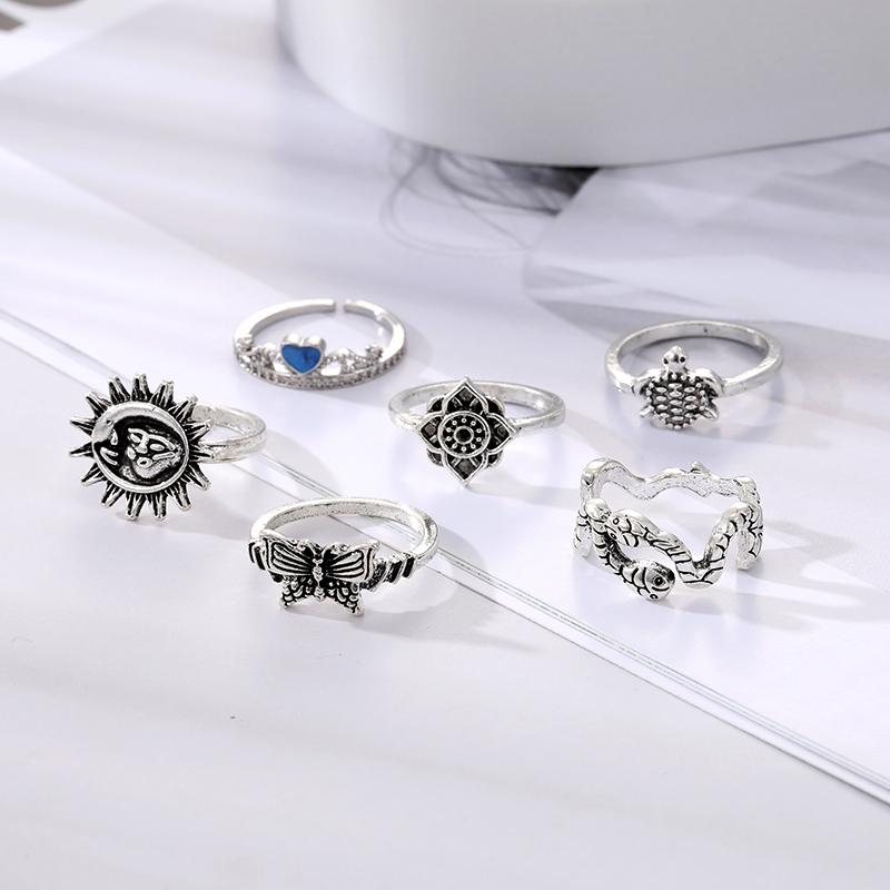 Старинное серебряное винтажное кольцо из 6 предметов, мужские и женские кольца со змеиным цветком, солнцем, бабочкой и черепахой, готический панк, эффектные ювелирные изделия, аксессуары для вечеринок