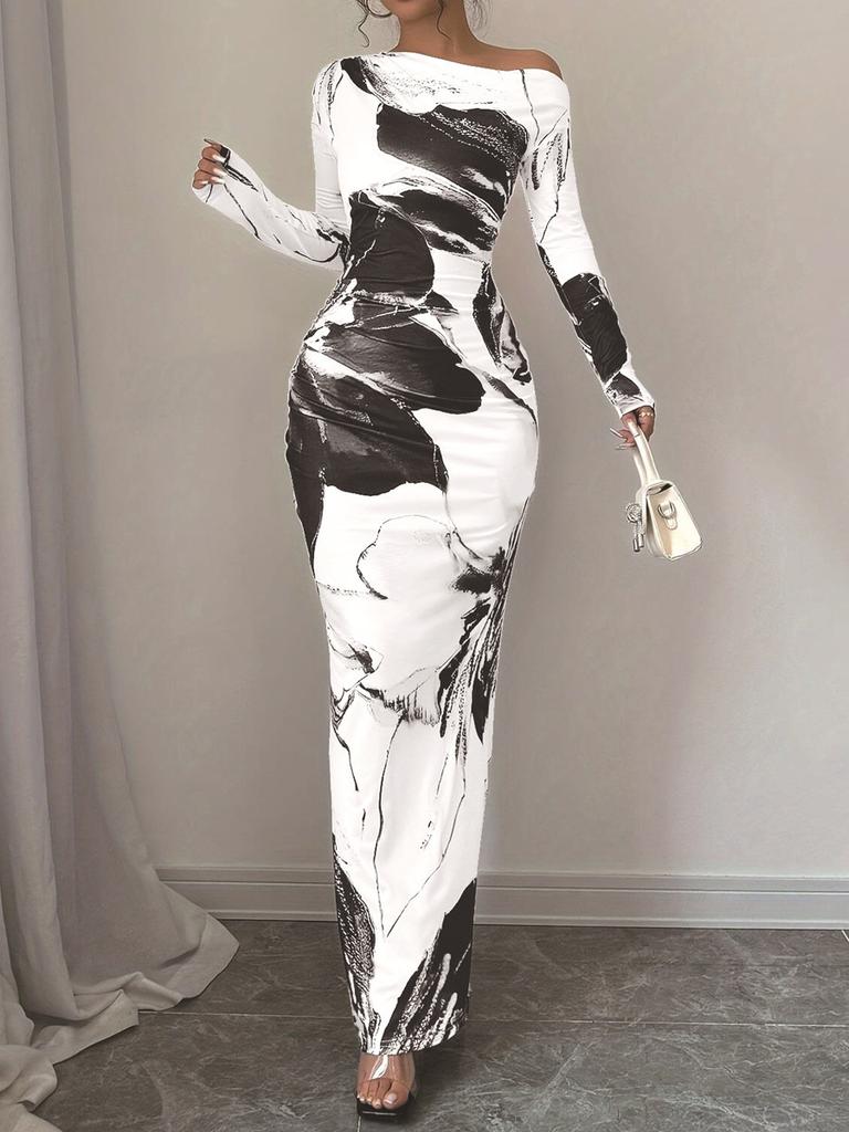 Осень Новое Платье Макси с Принтом Элегантное Приталенное Платье с Длинным Рукавом Женское Готовое