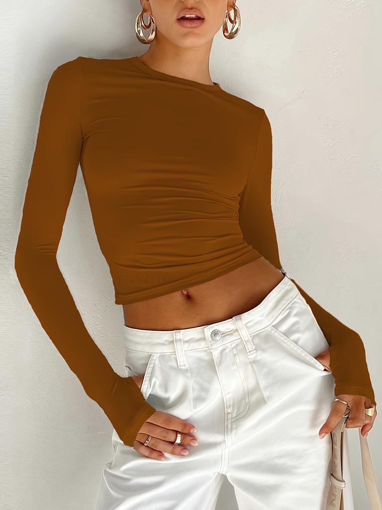 Женская весенняя повседневная футболка, модная, облегающего кроя, однотонная, с круглым вырезом, майка-топ для женщин