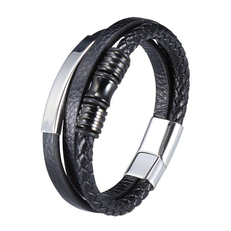 Fashion Stainless Steel Charm Men Bracelet Clasp Braided Mutilayer Leather Wrapping Punk Bangles Man Jewelry BB0999