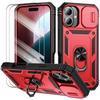 Protective Case - BOOLING - for iPhone 16 Plus - Shockproof - Rotating Ring Stand - Red - with 2 Tempered Glasses