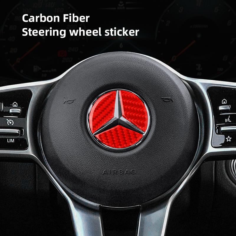 VRN2 1Pcs Car Steering Wheel Badge Sticker Carbon Fiber Decal Decoration Hubcap For Mercedes Benz E C A B G Class GLC GLE CLS CLA GLA